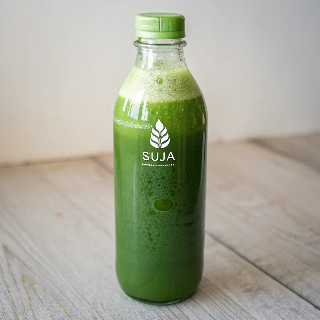 Suja Green Juice bottle surrounded by fresh kale, spinach, cucumber, celery, green apple, and lemon on a sunlit kitchen countertop.