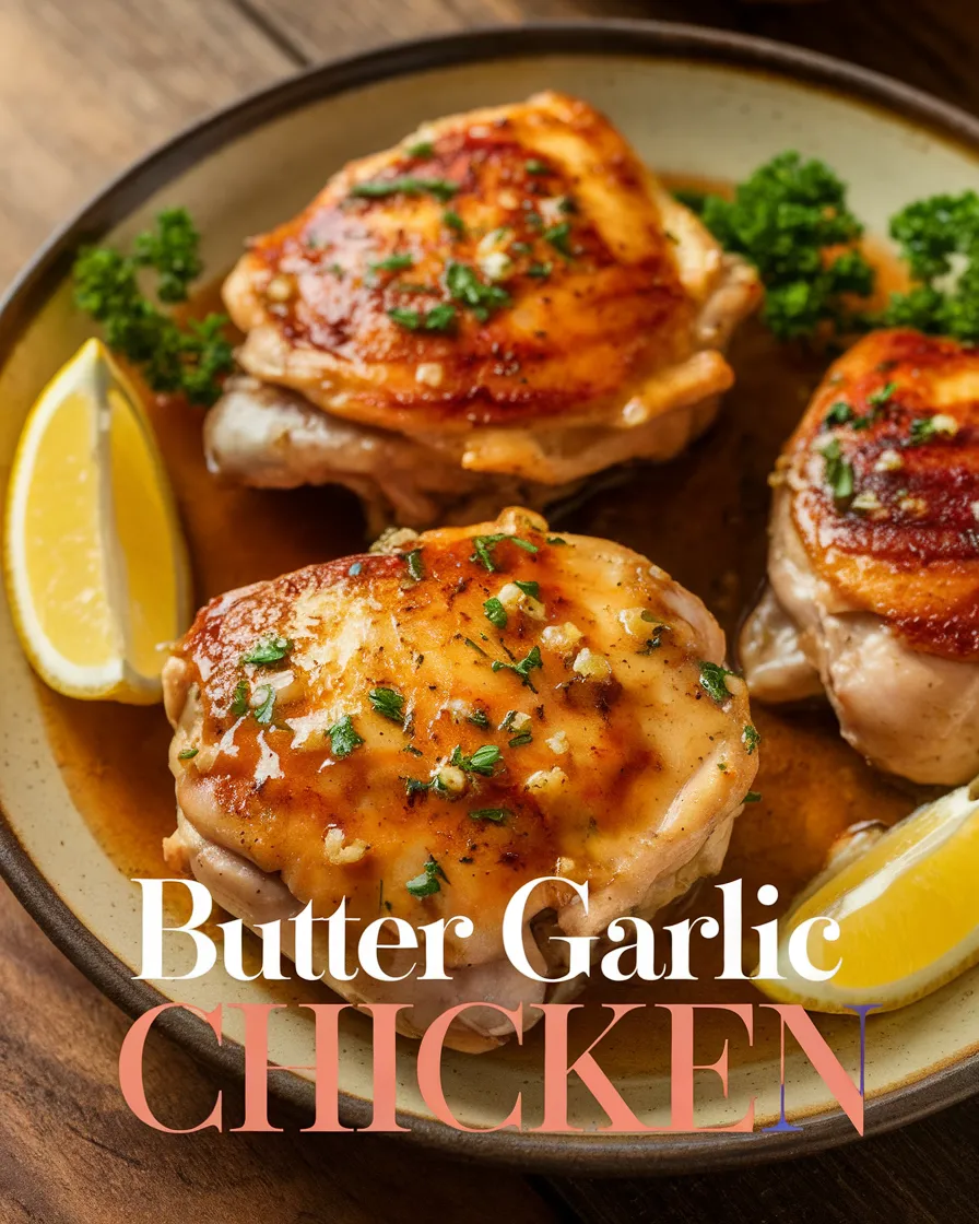 Close-up of butter garlic chicken thighs glazed in garlic butter sauce, garnished with parsley and served with lemon wedges.