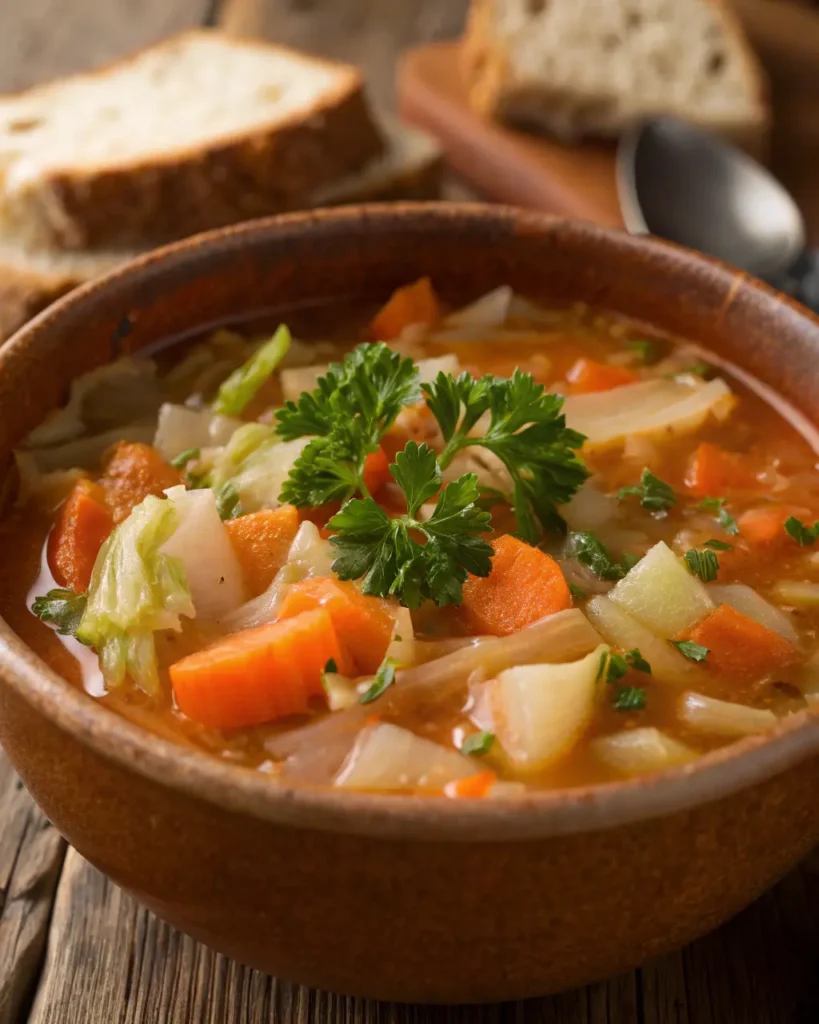 Close-up of hearty cabbage soup with tender vegetables in a rich tomato broth, garnished with parsley.