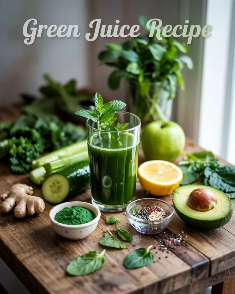 Fresh green juice in a clear glass with kale, spinach, cucumber, celery, apple, lemon, ginger, avocado, mint, and superfoods arranged around it.