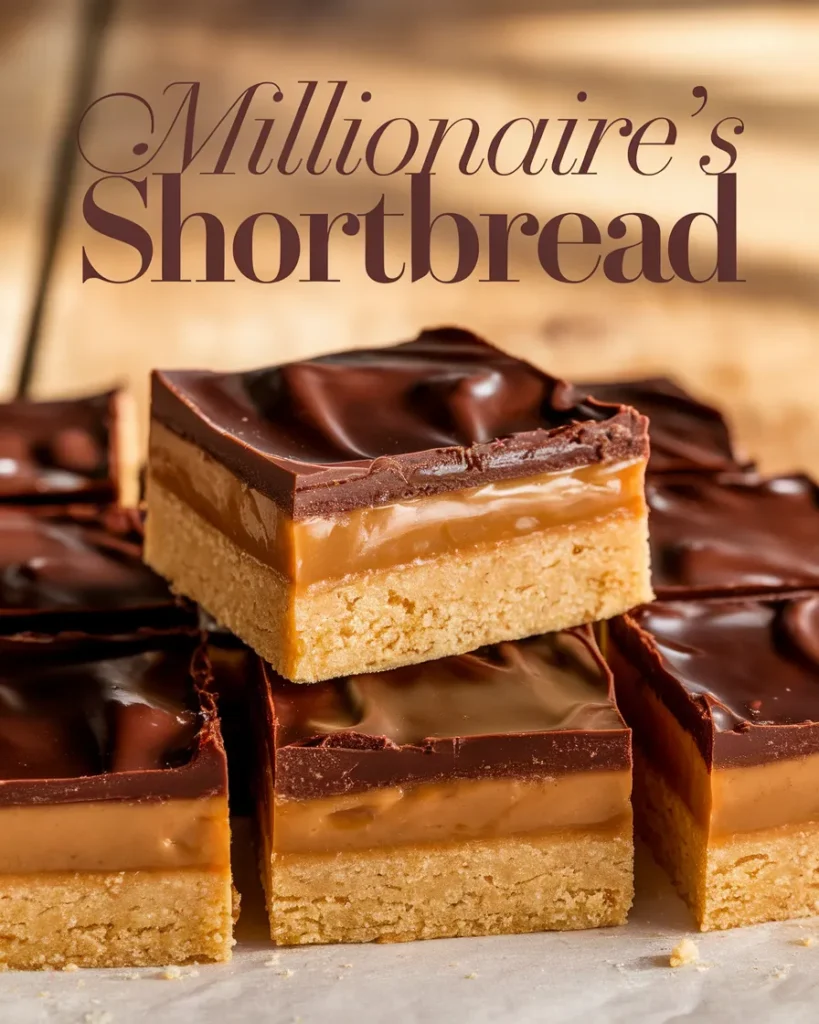 Close-up of Millionaire's Shortbread with layers of shortbread, caramel, and chocolate.