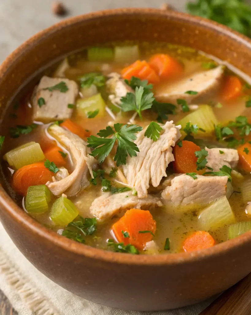 Close-up of homemade turkey soup with tender turkey pieces and vegetables in a rich broth.